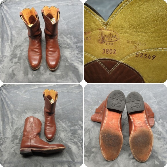 Justin Western Boots Mens 10.5 B Brown Leather Cowboy Pull On USA Made VTG - Picture 1 of 16